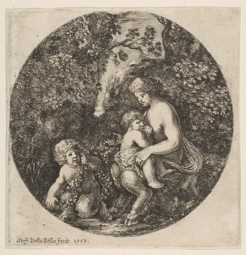 Satyr family, from 'Landscapes and seaports' (Paysages et ports de mer, dans des ronds) by Stefano della Bella, print, 1656