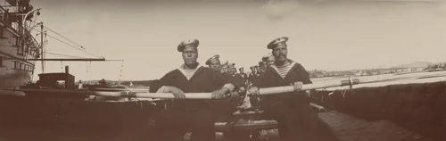 Sailors Rowing in a Boat Alongside a Ship, Norway by Unidentified Photographer, photograph, 1909