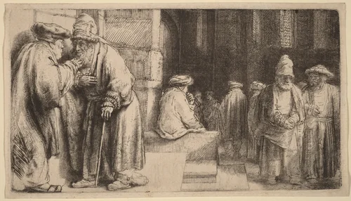 Jews in the Synagogue by Rembrandt van Rijn, print, 1648