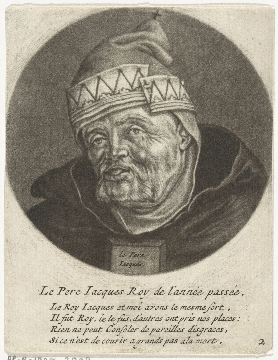 Monnik als koning van het Oude Jaar by Jacob Gole, print, 1670-1724