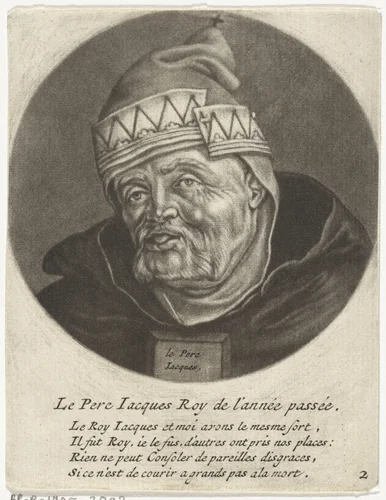 Monnik als koning van het Oude Jaar by Jacob Gole, print, 1670-1724