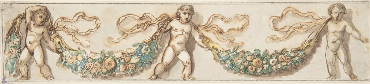 Classicizing Frieze with Three Putti holding up a Garland by anonymous, drawing, 1800-1900