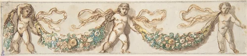 Classicizing Frieze with Three Putti holding up a Garland by anonymous, drawing, 1800-1900
