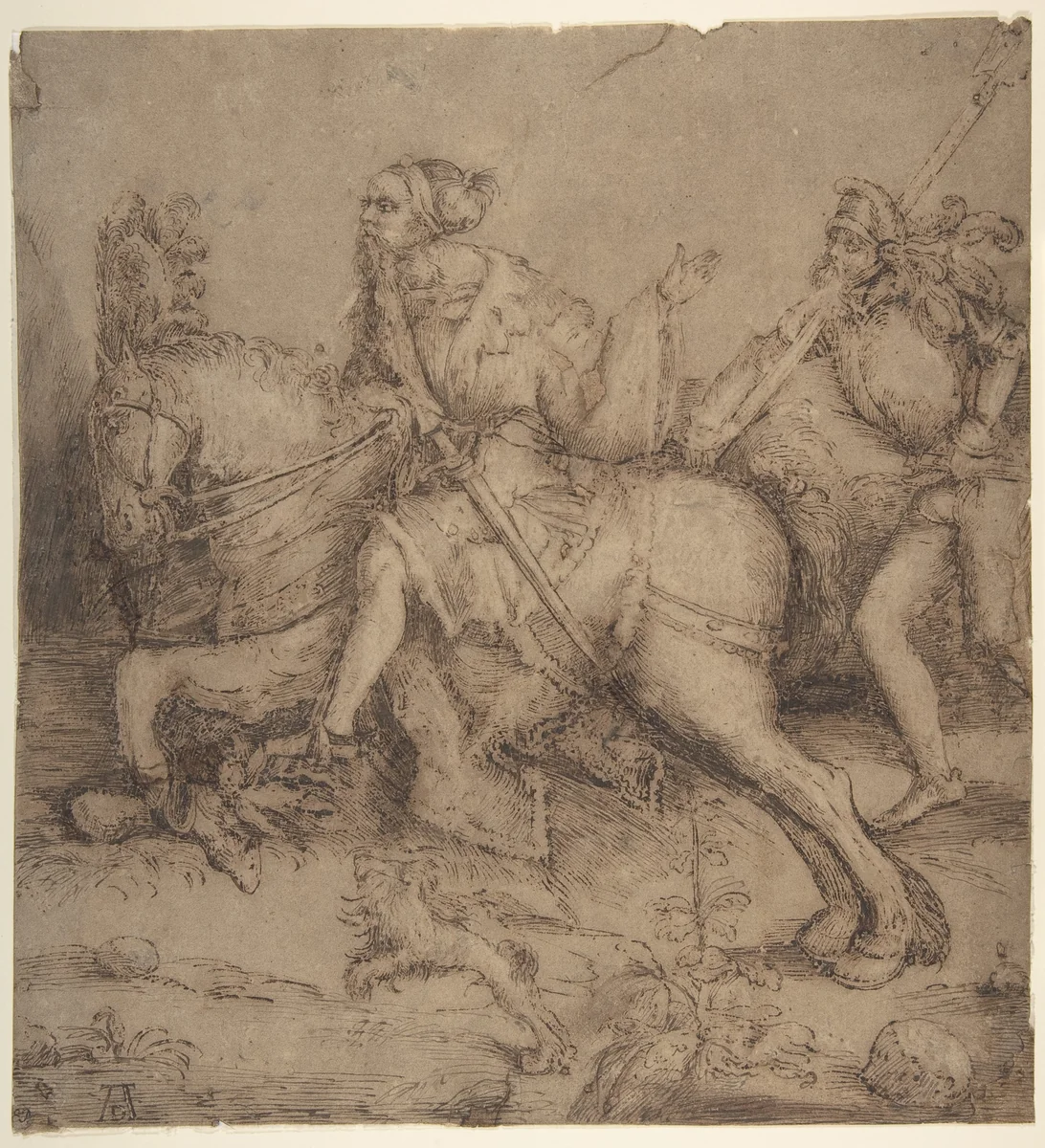 Knight on Horseback and Landsknecht by Albrecht Dürer, drawing, 1485-1528