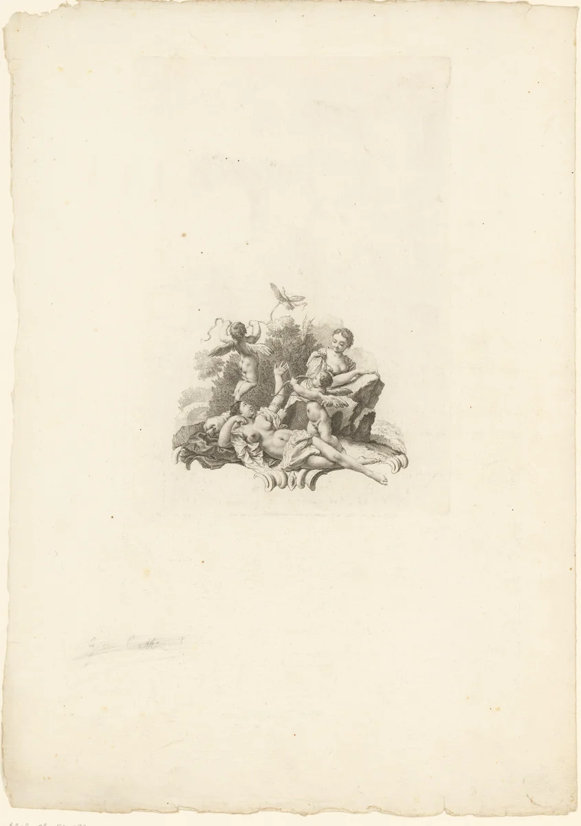 Twee vrouwen met twee cupido's by Martin Schedel, print, 1687-1748