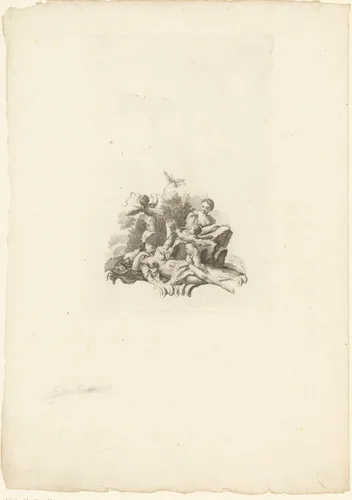 Twee vrouwen met twee cupido's by Martin Schedel, print, 1687-1748