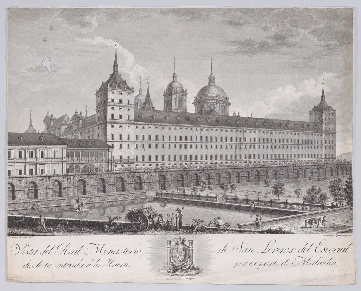 View of the side of the monastery of El Escorial with the garden in the foreground, from "Views of El Escorial" by Tomás López Enguidanos, print, 1785-1795