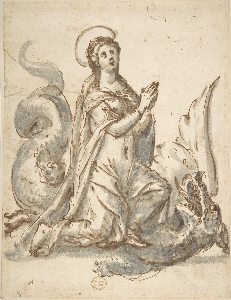 Saint Margaret and the Dragon by anonymous, drawing, 1500-1599