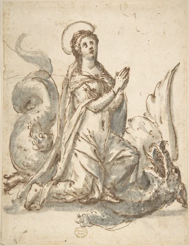 Saint Margaret and the Dragon by anonymous, drawing, 1500-1599