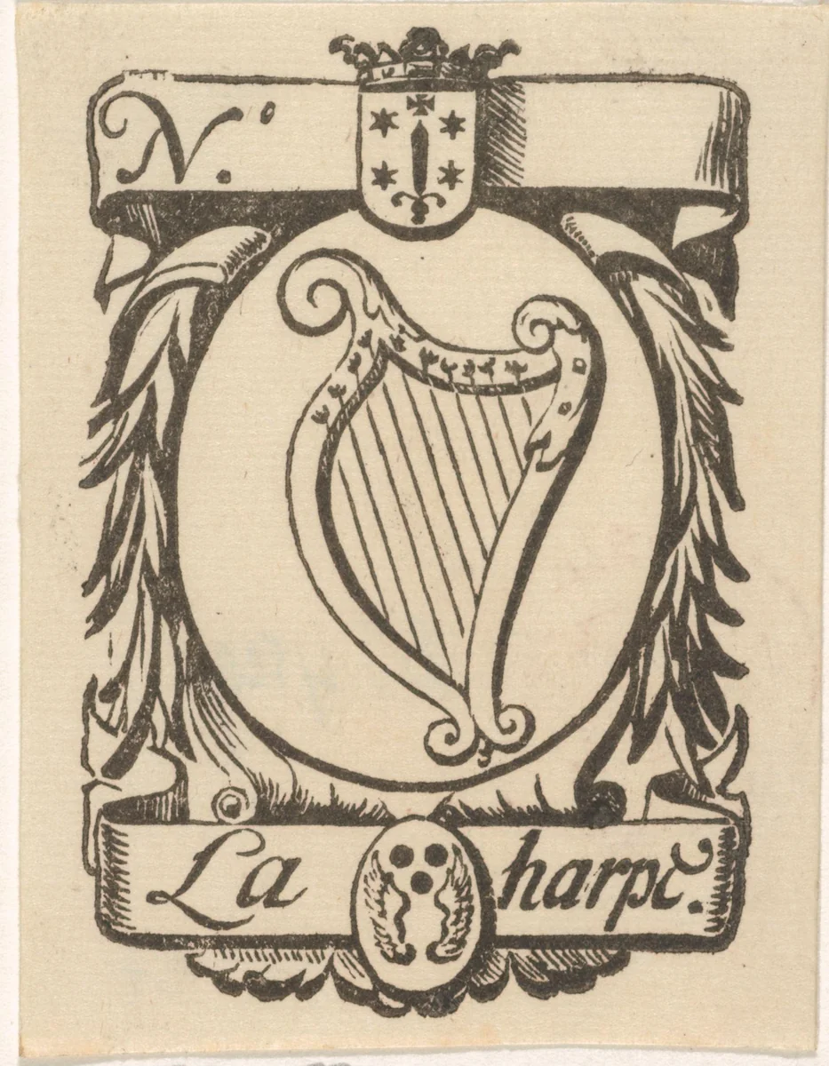 Handelsetiket met een harp en het wapen van de stad Haarlem by Isaac Vincentsz. van der Vinne, print, 1681-1740
