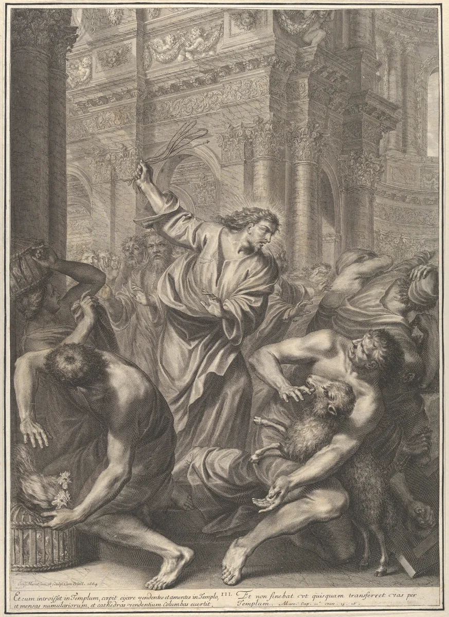 Christ Driving the Merchants from the Temple, from The Passion of Christ, plate 3 by Grégoire Huret, print, 1664