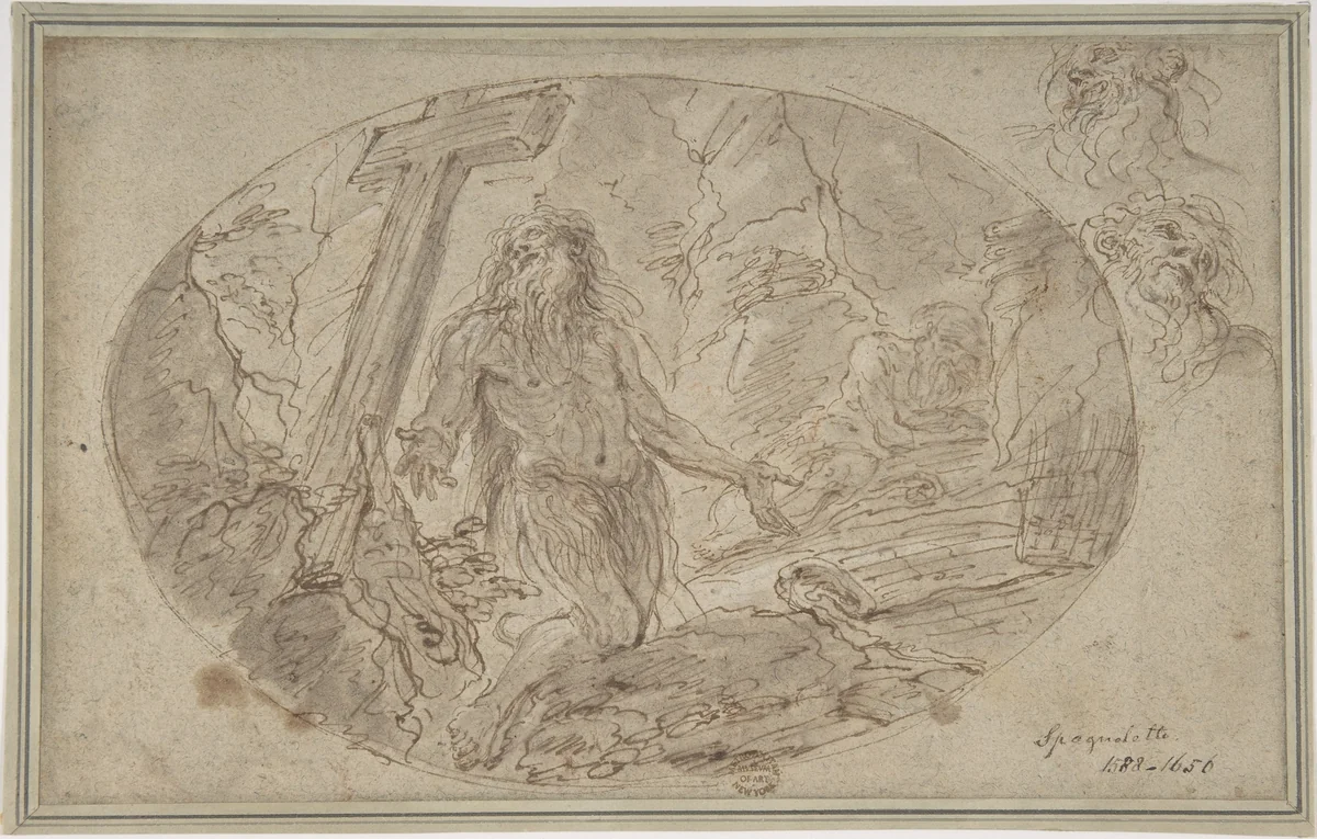Two Hermits in the Wilderness by Domenico Maria Canuti, drawing, 1625-1684