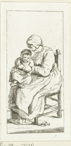 Zittende moeder met kind by Pieter de Mare, print, 1779