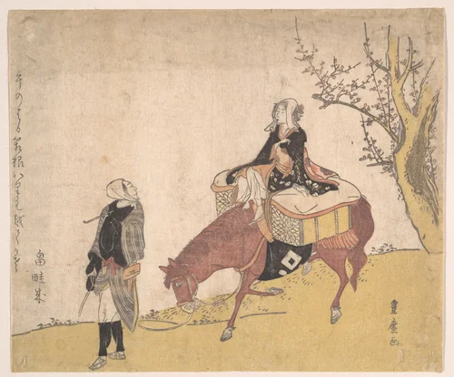 Version of Legend of Michizane: Woman Riding Ox Which a Man is Leading by Utagawa Toyohiro (歌川豊広), print, 1763-1828