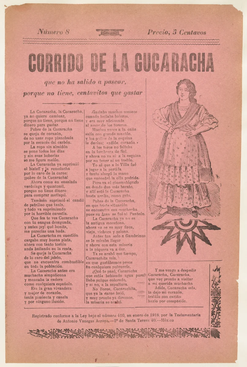 Broadsheet relating to a ballad about camp life hardships for women, woman wearing a dress with her hands on her hips by José Guadalupe Posada, print, 1895-1905