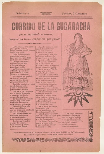 Broadsheet relating to a ballad about camp life hardships for women, woman wearing a dress with her hands on her hips by José Guadalupe Posada, print, 1895-1905