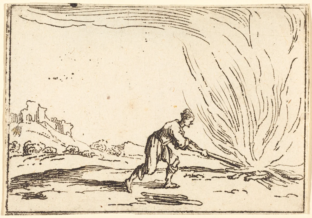 Man Attending a Fire by Jacques Callot, print, 1592-1635