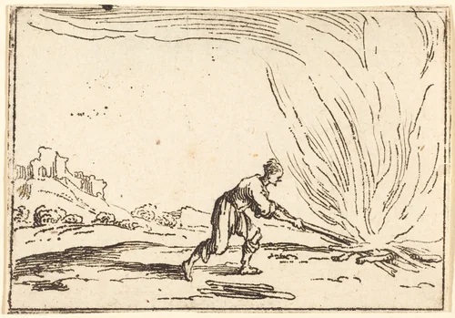 Man Attending a Fire by Jacques Callot, print, 1592-1635