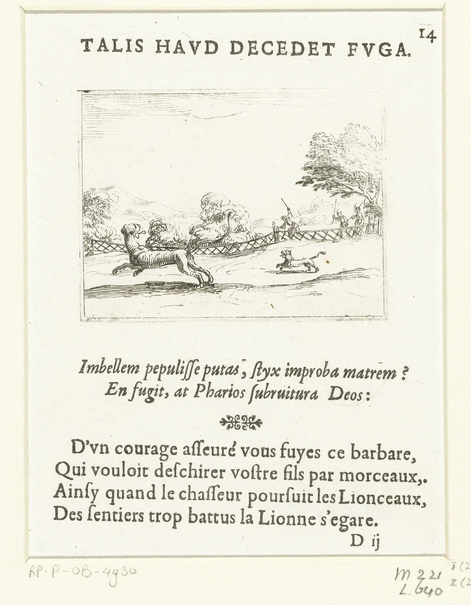 Jagers achtervolgen een leeuwin en haar welp by Jacques Callot, print, 1625-1629