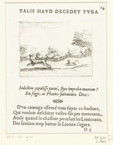 Jagers achtervolgen een leeuwin en haar welp by Jacques Callot, print, 1625-1629