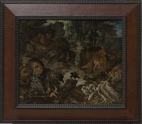 Lions and Fox in a Rugged Landscape by Roelant Savery, painting, 1576-1637