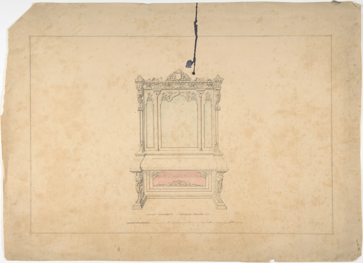Design for Cabinet Pianoforte, François Premier Style by Robert William Hume, drawing, 1835-1900