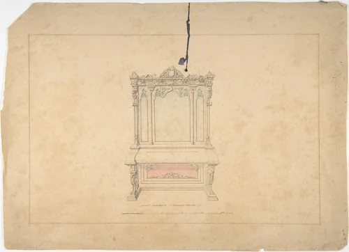 Design for Cabinet Pianoforte, François Premier Style by Robert William Hume, drawing, 1835-1900