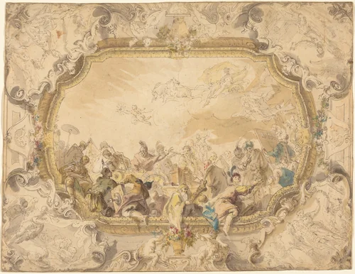 A Ceiling with Apollo Presiding over Military and Historical Learning by Anton Kern, drawing, 1740-1750