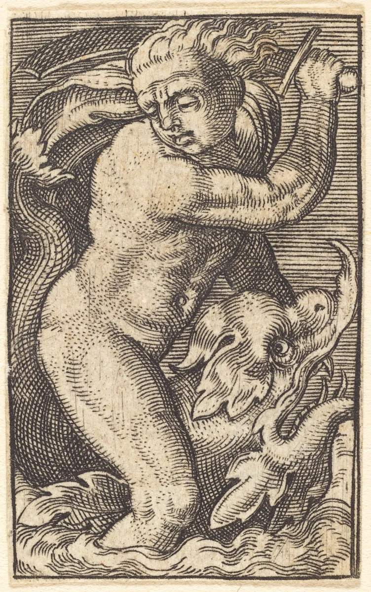 Sea-God on a Dolphin Riding to the Left by Jakob Binck; Barthel Beham, print, 1525-1569