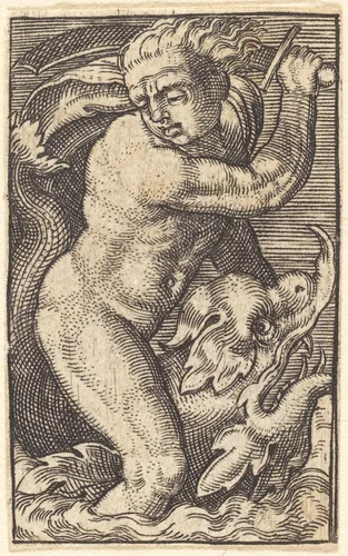 Sea-God on a Dolphin Riding to the Left by Jakob Binck; Barthel Beham, print, 1525-1569
