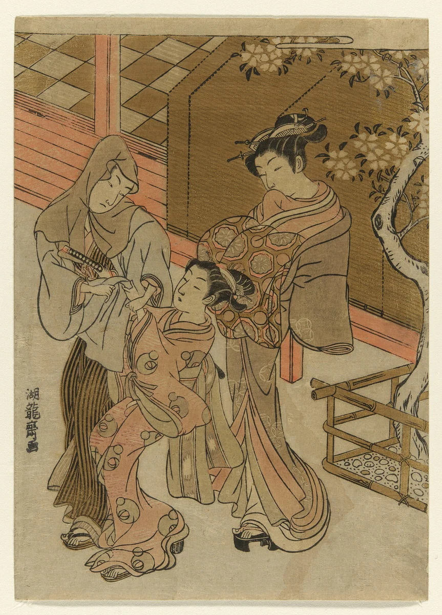 Courtesan Watching her Attendant Detain Hooded Man by Isoda Koryusai, print, 1767-1777