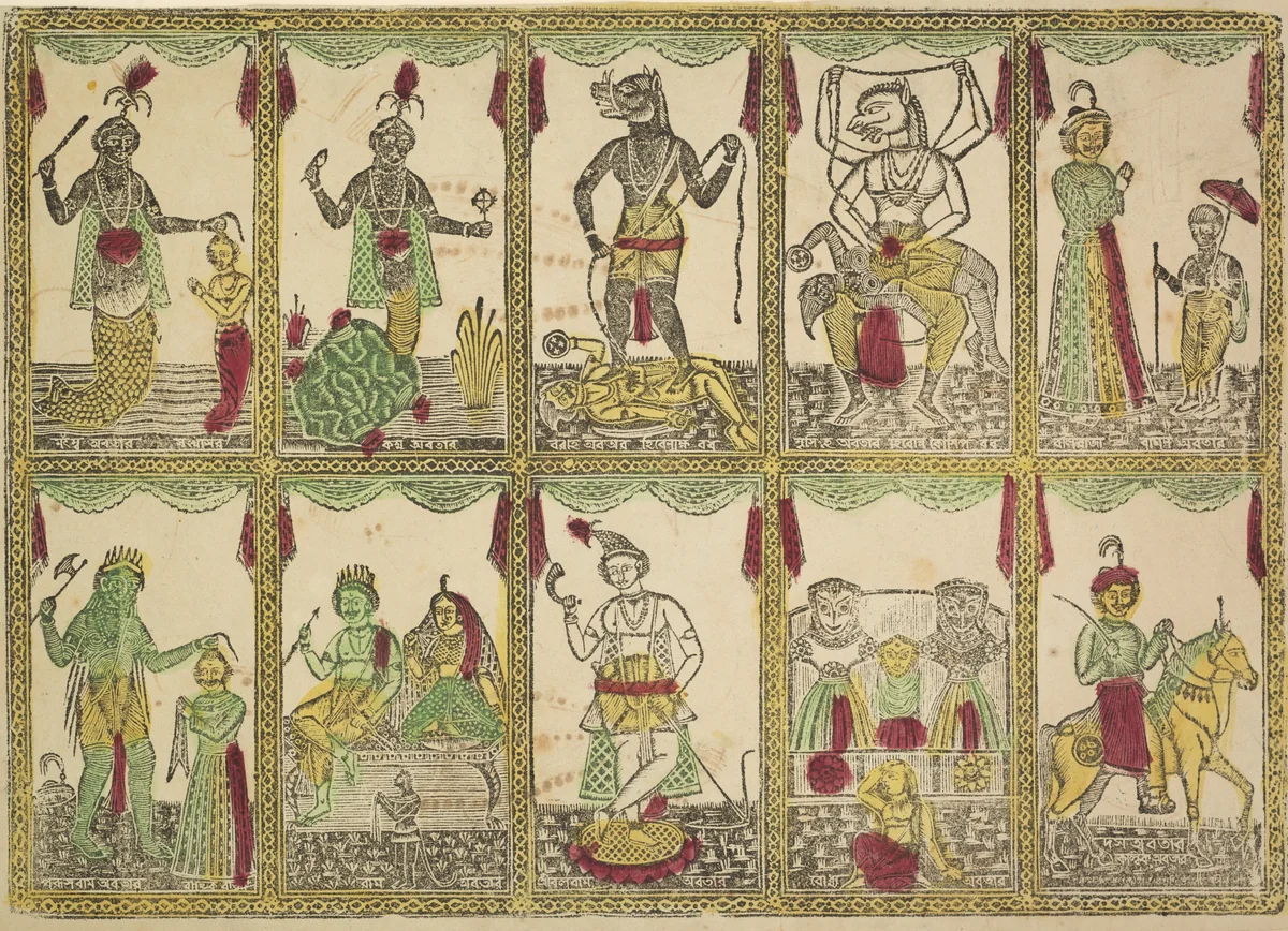 Das Avataras, Ten Incarnations of Vishnu (verso), from a Kalighat album by Shri Gobinda Chandra Roy, painting, 1875-1905