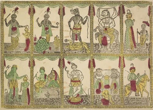 Das Avataras, Ten Incarnations of Vishnu (verso), from a Kalighat album by Shri Gobinda Chandra Roy, painting, 1875-1905