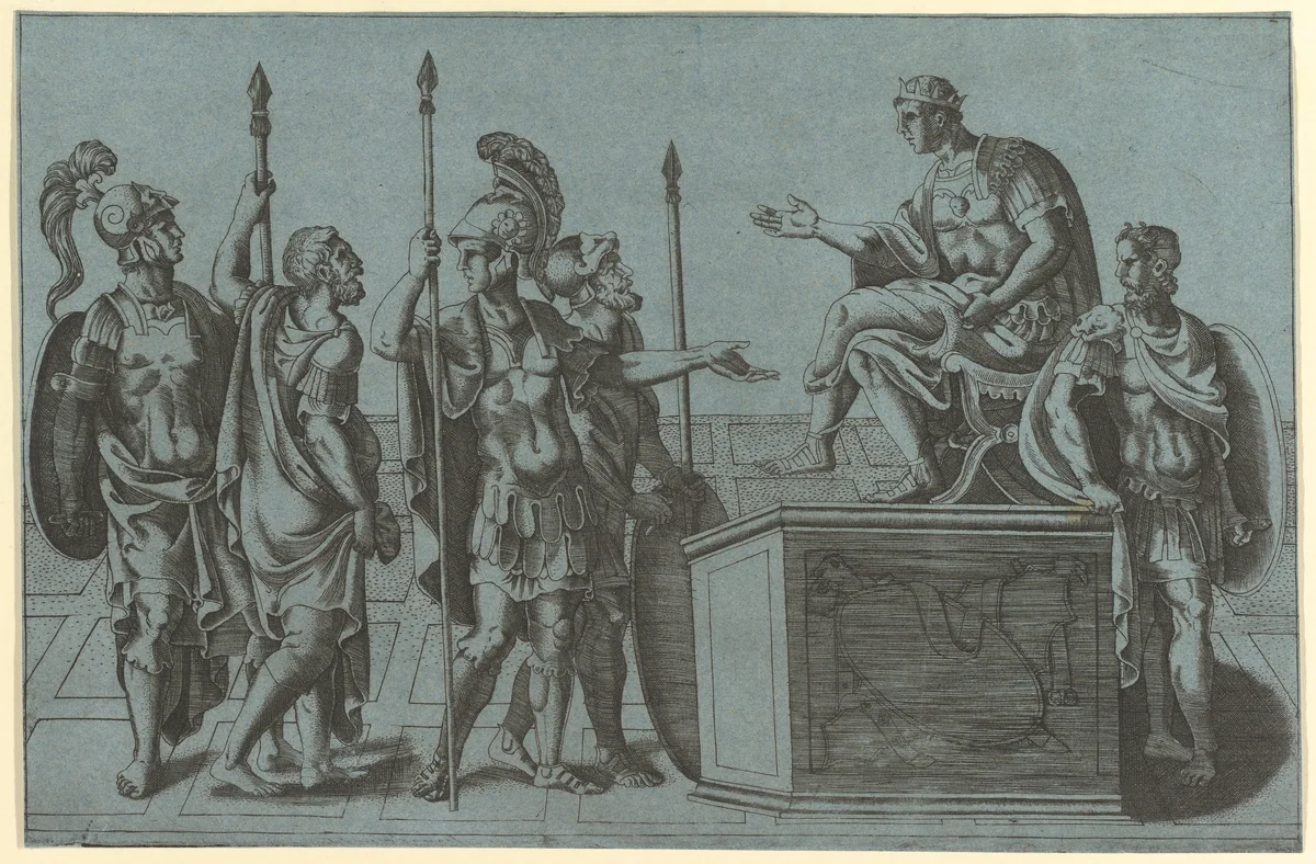 Roman Soldiers Before an Emperor by Giorgio Ghisi, print, 1520-1582