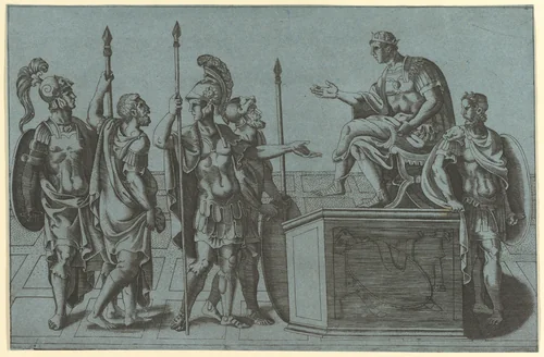 Roman Soldiers Before an Emperor by Giorgio Ghisi, print, 1520-1582