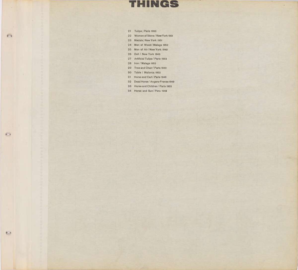 Title page for Things / Text page with illustration number by Robert Frank, print, 1952
