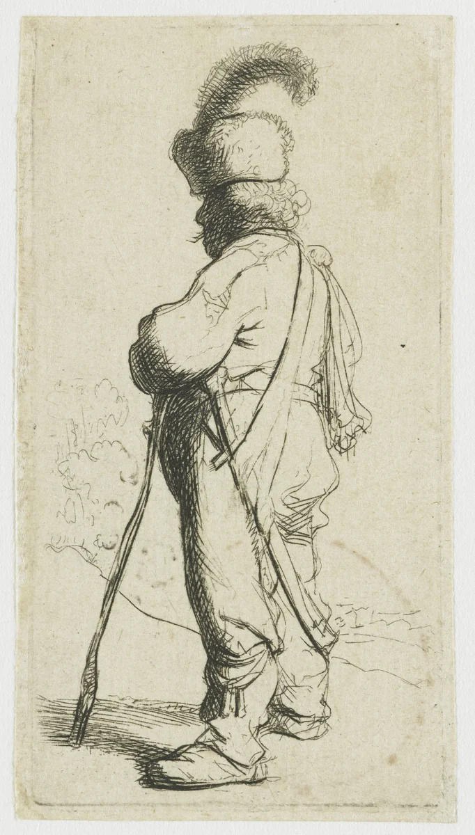 Polander leaning on a stick by Rembrandt van Rijn, print, 1631