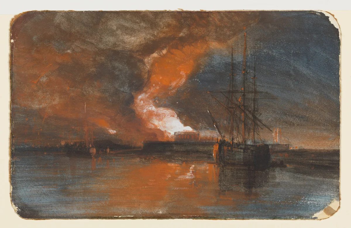The Burning of the New Gaol, Bristol by William James Müller, drawing, 1831-1832