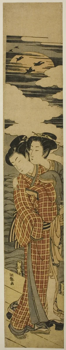 Couple Standing on a Pier Embracing on a Moonlit Night by Isoda Koryusai, print, 1769-1779