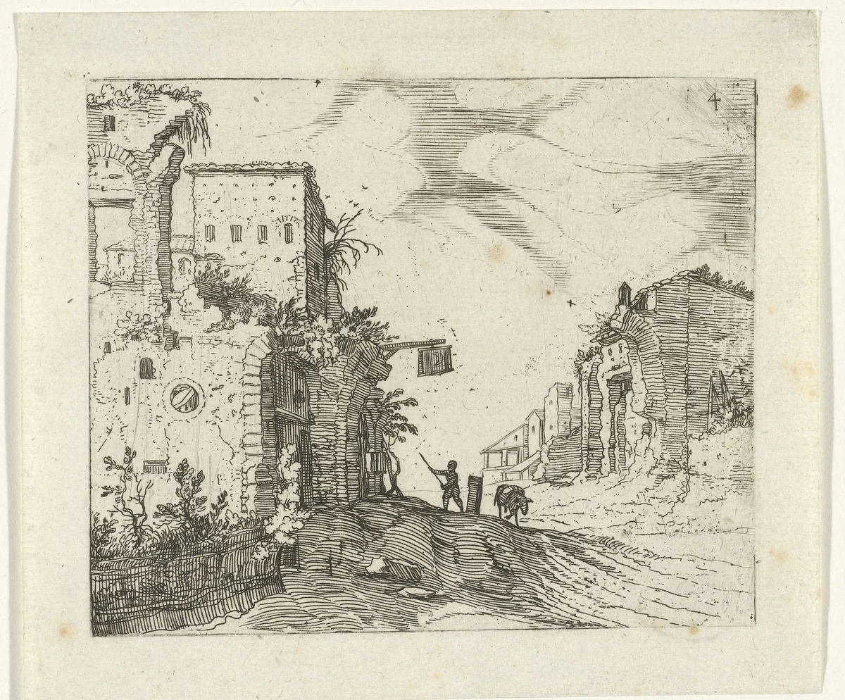 Weg tussen ruïnes by Guilliam van Nieulandt, print, 1594-1618