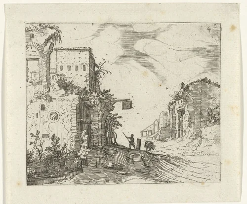 Weg tussen ruïnes by Guilliam van Nieulandt, print, 1594-1618