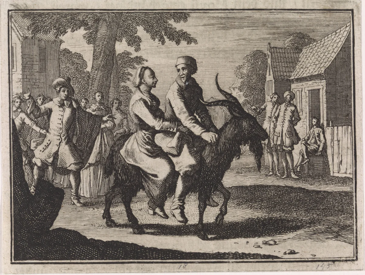 Boer en vrouw samen op de rug van een bok vervoerd by Caspar Luyken, print, 1704