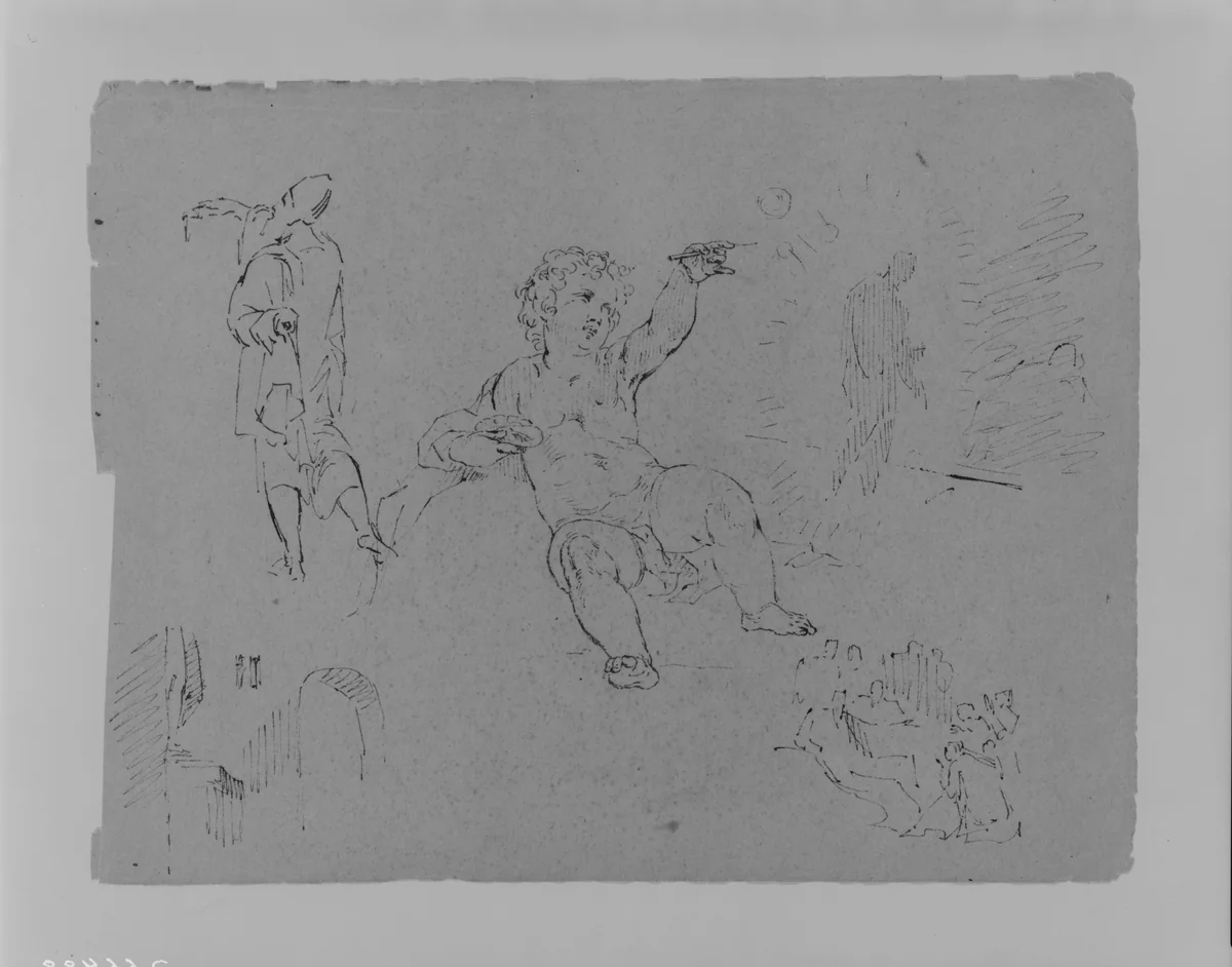 Draped Man from Rear (after Tintorietto?); Putto Making Bubbles (?); Shaded Figure in Radiance; Archway and Altar (?); Figure Composition (from Sketchbook) by Thomas Sully, artwork, 1810-1820