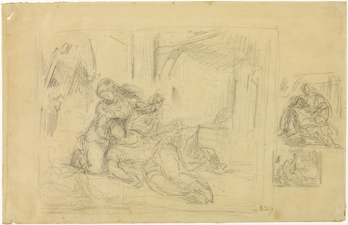 Woman Dying(?), Man in Bedroom, Two Sketches of Same by Eugène Delacroix, drawing, 1818-1863