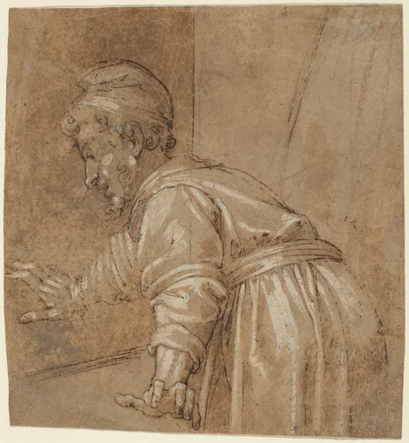 A Man Looking Out a Window by Bonifacio de' Pitati, drawing, 1487-1553