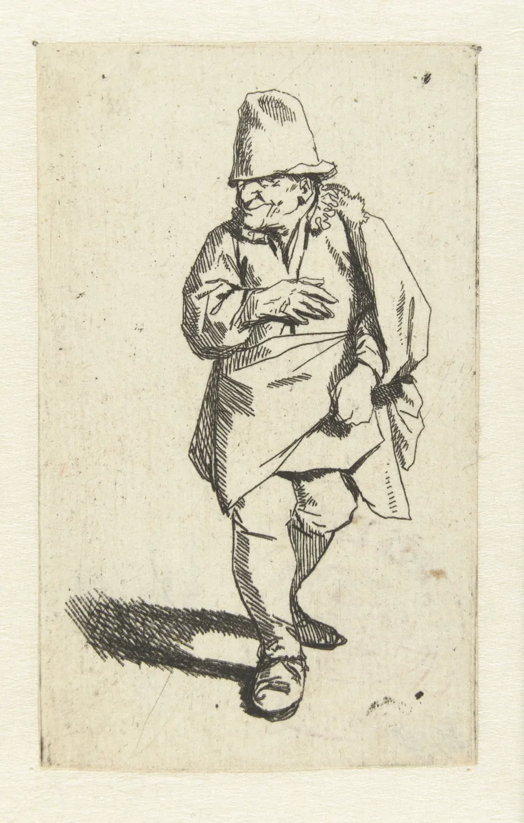 Staande man met hoge muts of hoed, rechterhand voor borst by Cornelis Pietersz. Bega, print, 1642-1664