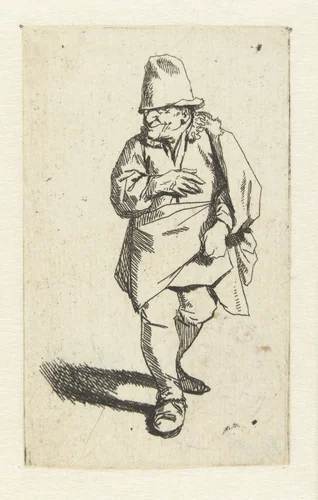 Staande man met hoge muts of hoed, rechterhand voor borst by Cornelis Pietersz. Bega, print, 1642-1664