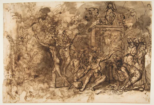 Witches' Sabbath (recto); Figures Gathered around a tree (verso) by Salvator Rosa, drawing, 1615-1673