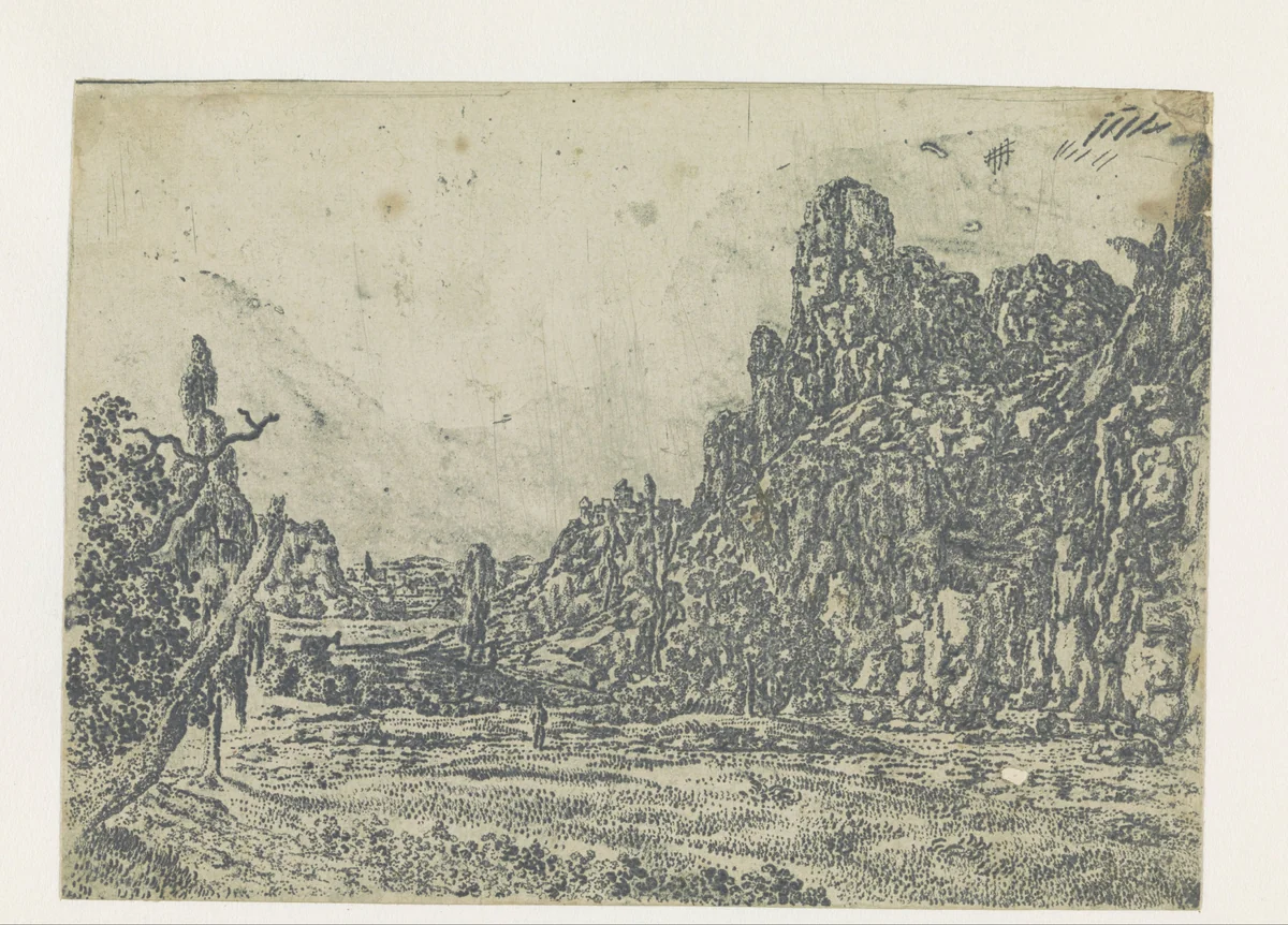 Landscape with a Steep Cliff, Large Version by Hercules Segers, print, 1622-1625