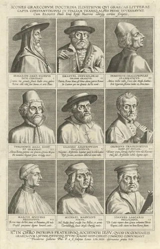 Negen portretten van Griekse geleerden by Unknown, print, 1581-1633